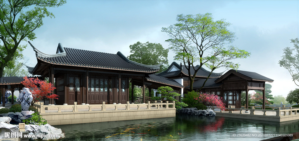 古建水榭景观效果图psd