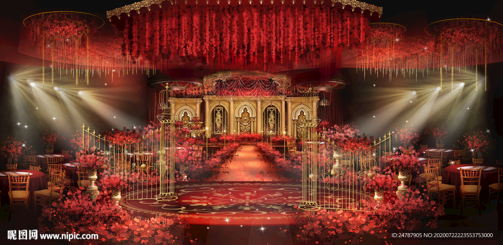 欧式红金宫廷拱门罗马婚礼效果图