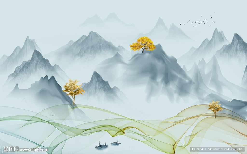 中式山水意境墙画 tif分层