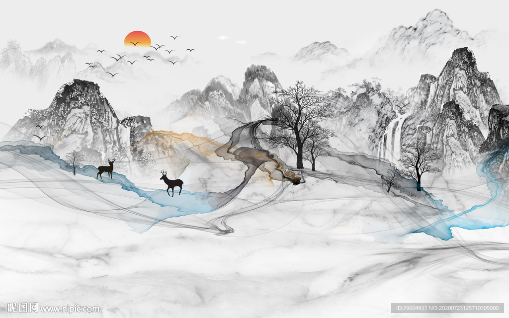 高清 山水意境墙画 tif分层