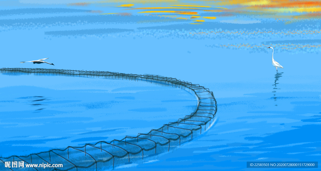 两只白鹭水上飞插画