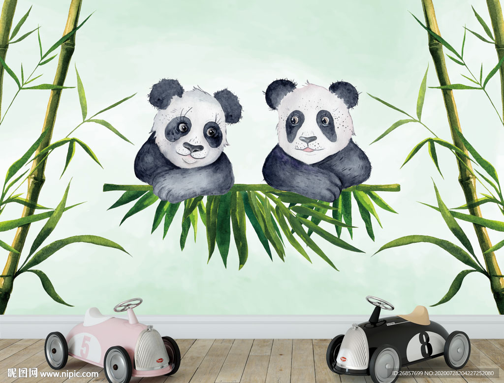 熊猫水彩画 熊猫儿童背景墙