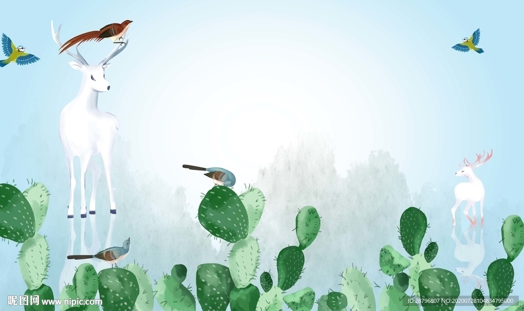 小清新水彩仙人掌麋鹿背景