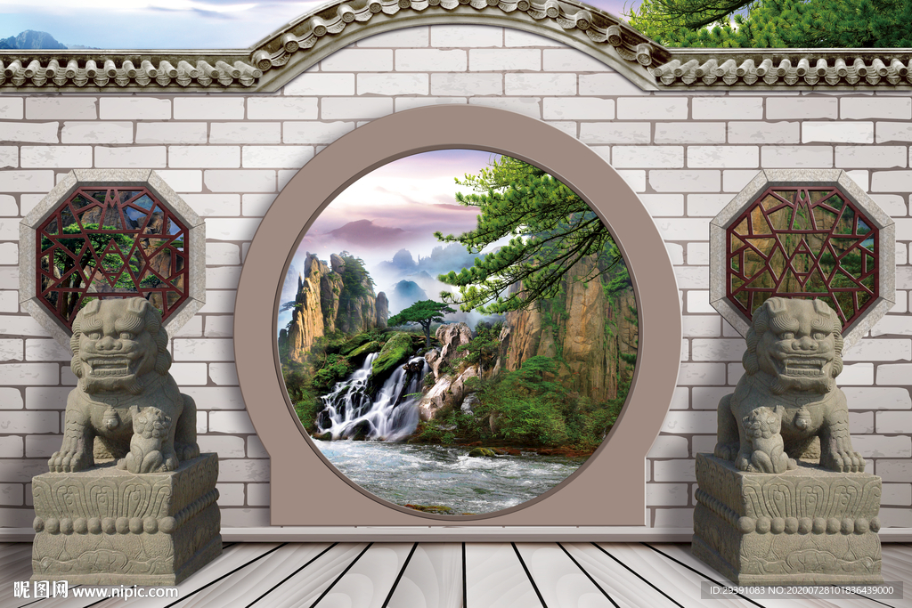 3d砖墙中式山水风景图
