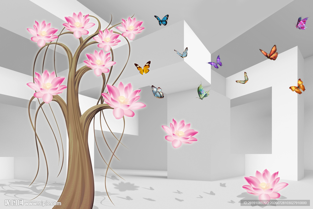 3D立体空间荷花背景墙