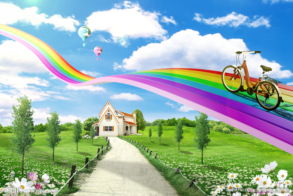 蓝天草地彩虹图片