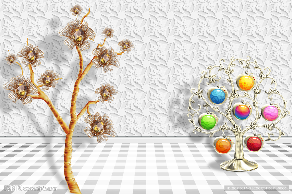 3D立体金色珠宝花图片