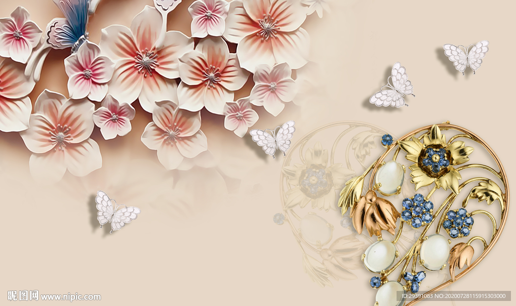 3d浮雕玉雕花朵电视背景墙图片