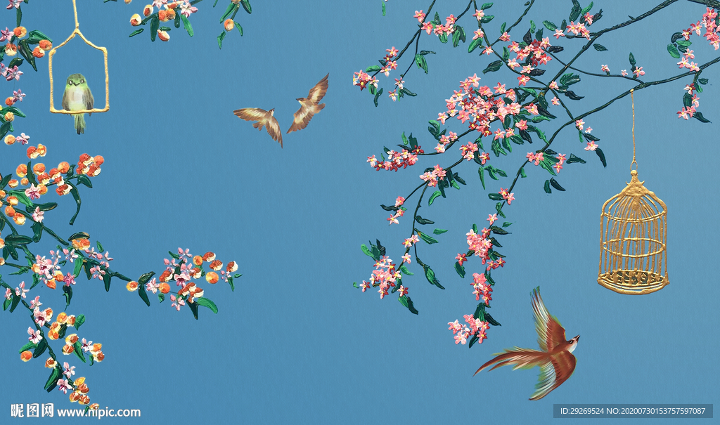 花鸟画鸟笼飞鸟背景墙