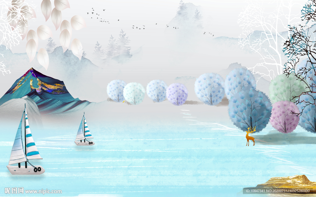 麋鹿爆单山水画 TIF分层