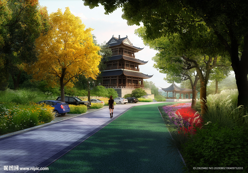 中式楼阁景观效果图