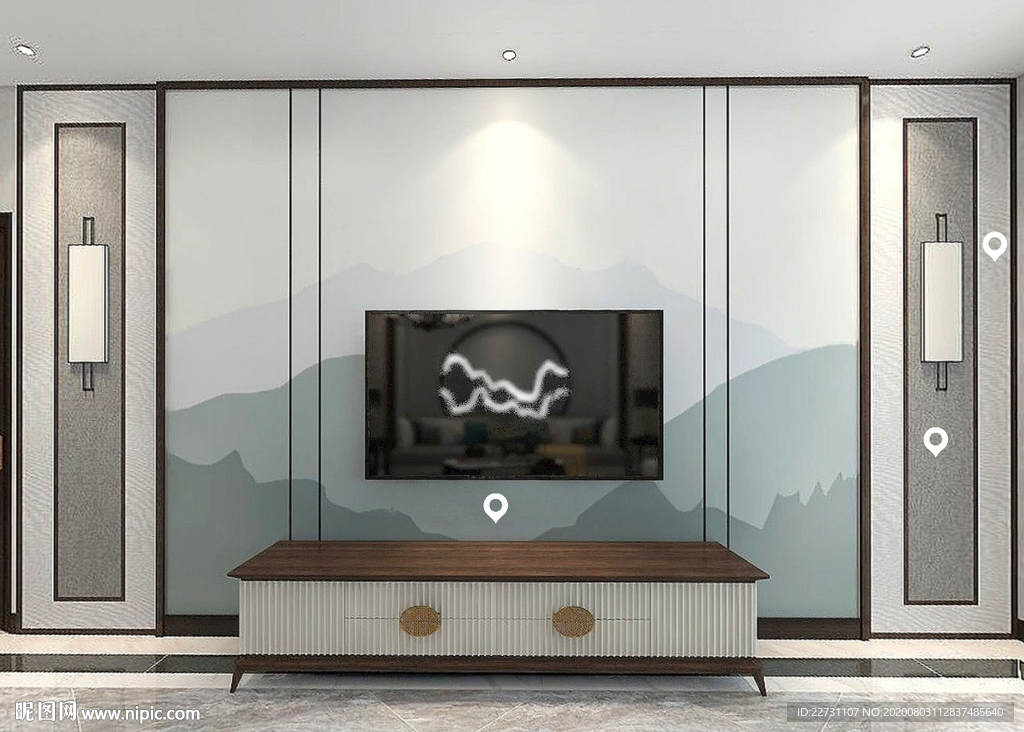 现代新中式山水硅藻泥矢量背景墙