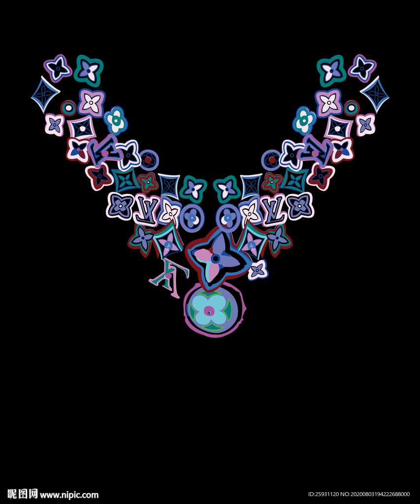 几何英文LV乱排花卉V型服装印