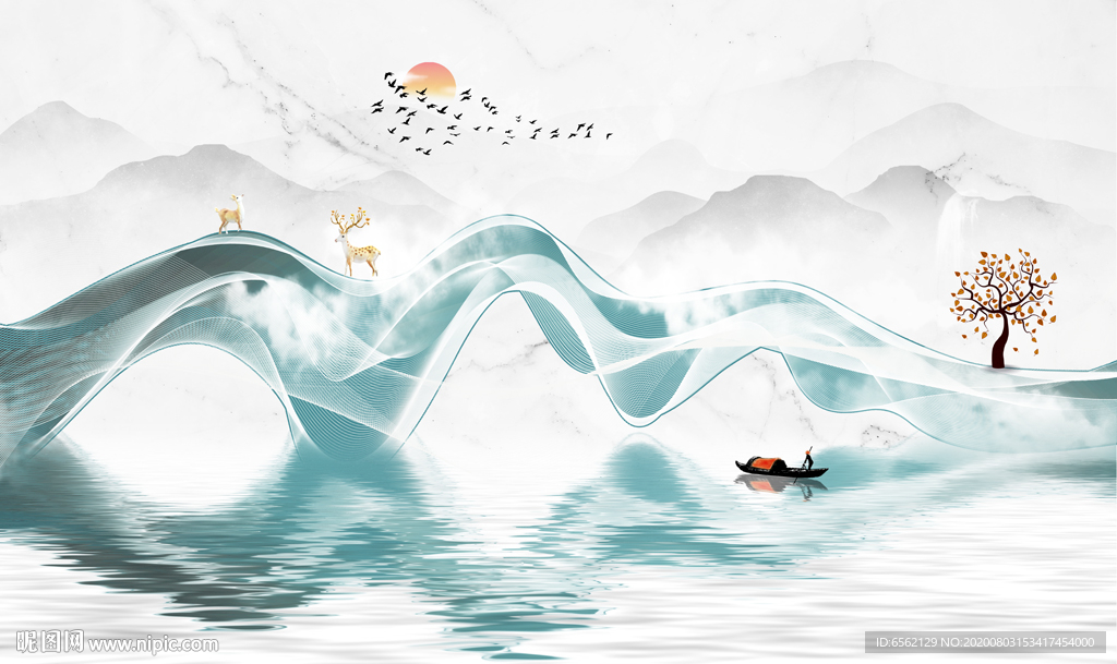 新中式抽象线条山水背景墙