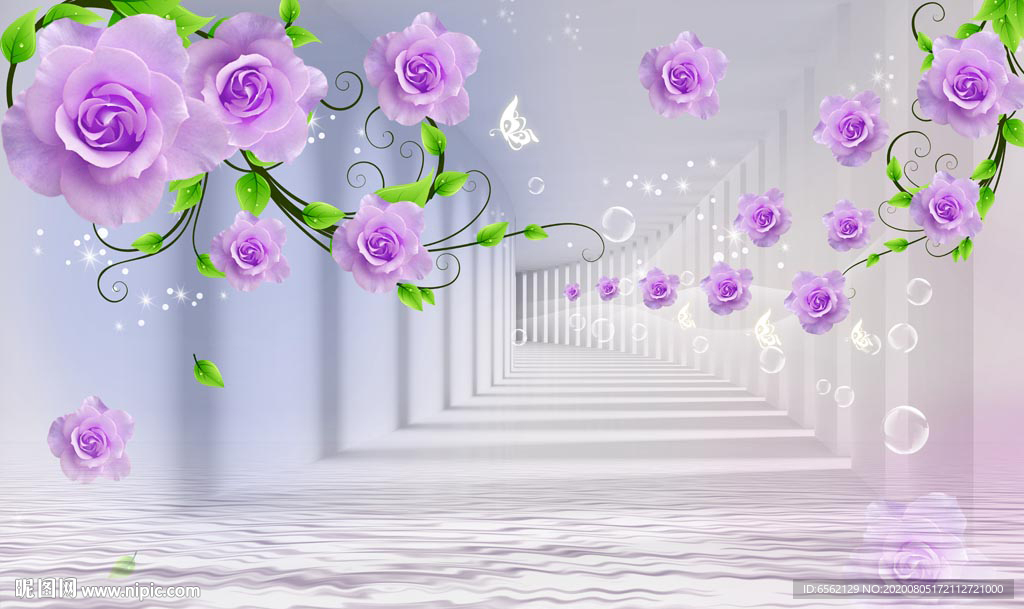 紫色玫瑰3D电视背景墙