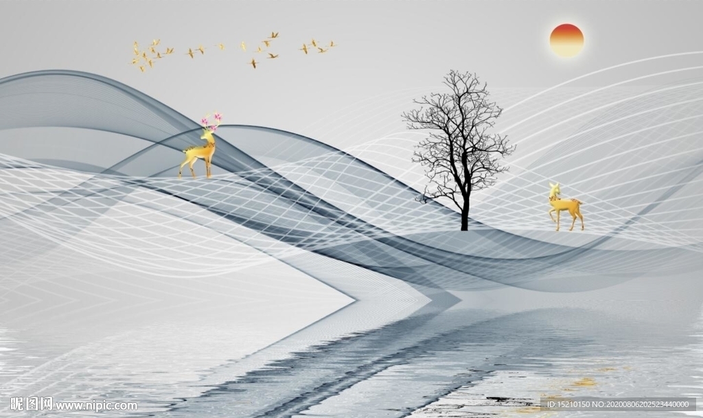 蓝色线条抽象树电视背景墙