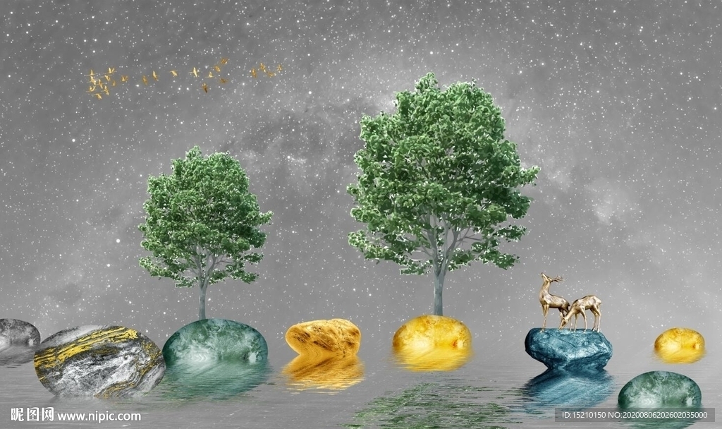 抽象树鹅卵石电视背景墙