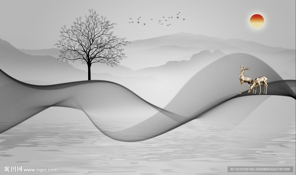 水墨线条抽象树电视背景墙