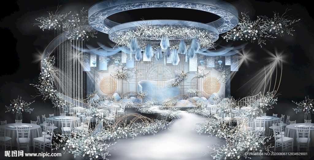 莫兰迪蓝中式婚礼舞台