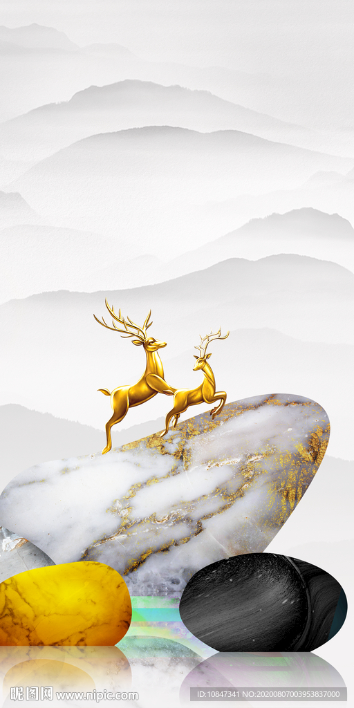 麋鹿 山水新玄关画 TIF分层