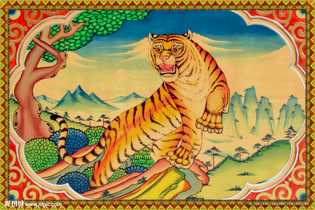 老虎墙体绘画相框