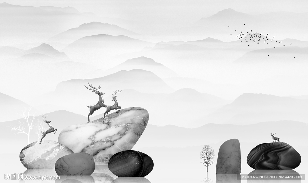 高清 麋鹿唯美山水 TIF分层