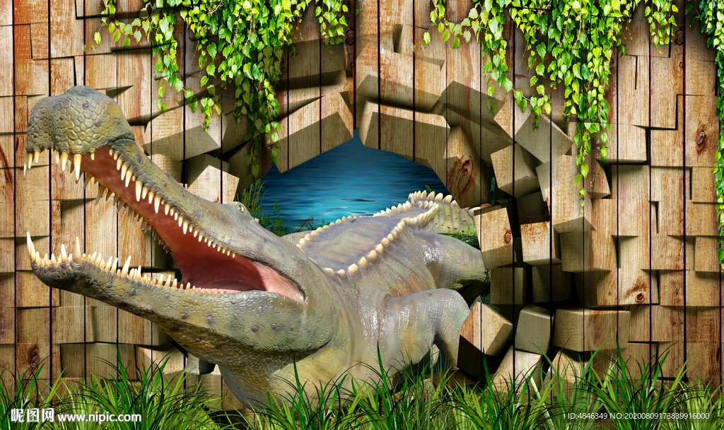 鳄鱼3D立体画背景墙壁