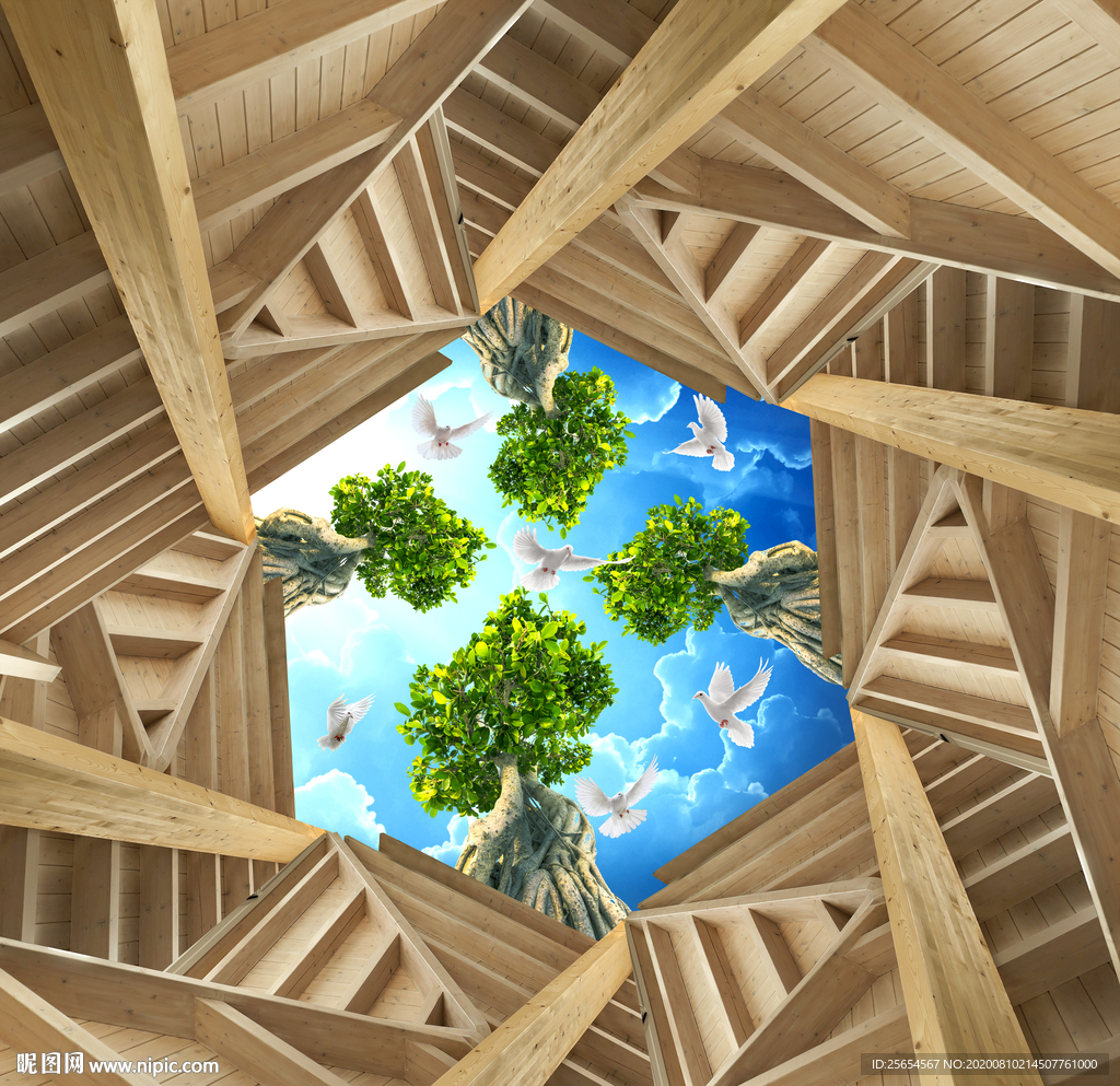 蓝天白云绿叶鸽子天顶壁画