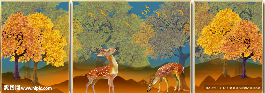 原创梅花鹿发财树装饰画