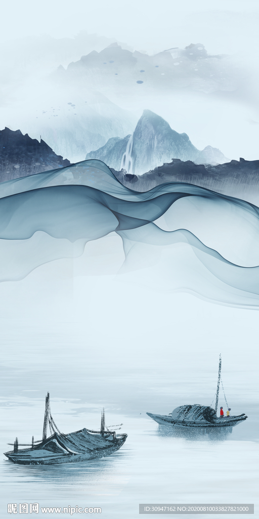 蓝色轻奢新山水画 TIF分层