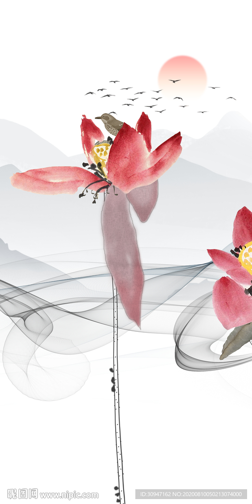 荷花 新玄关山水画 TIF分层