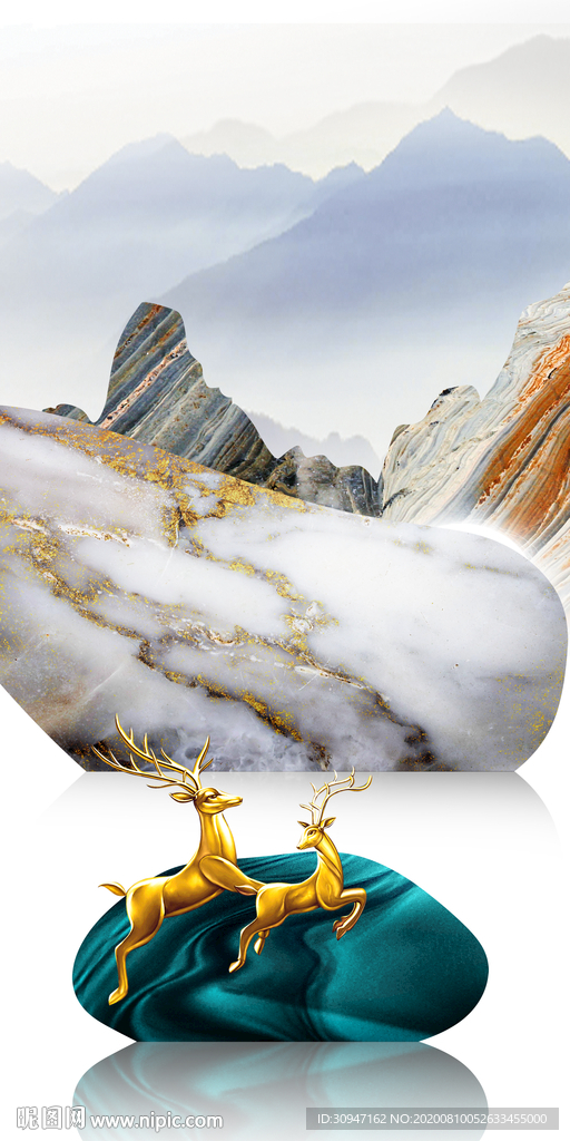 麋鹿新玄关山水画 TIF分层