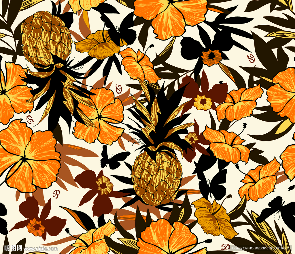 菠萝热带植物粉色蝴蝶