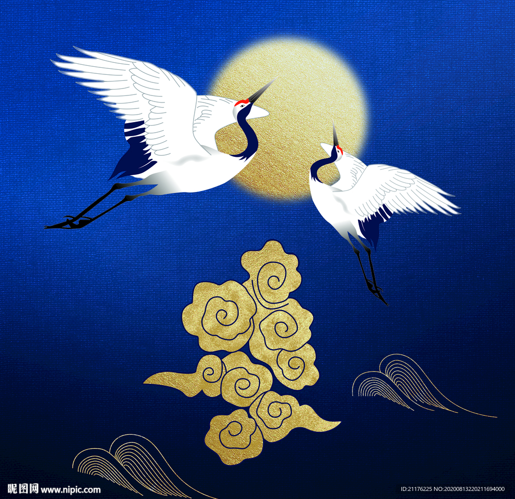 原创新中式鹤祥云无框画背景墙