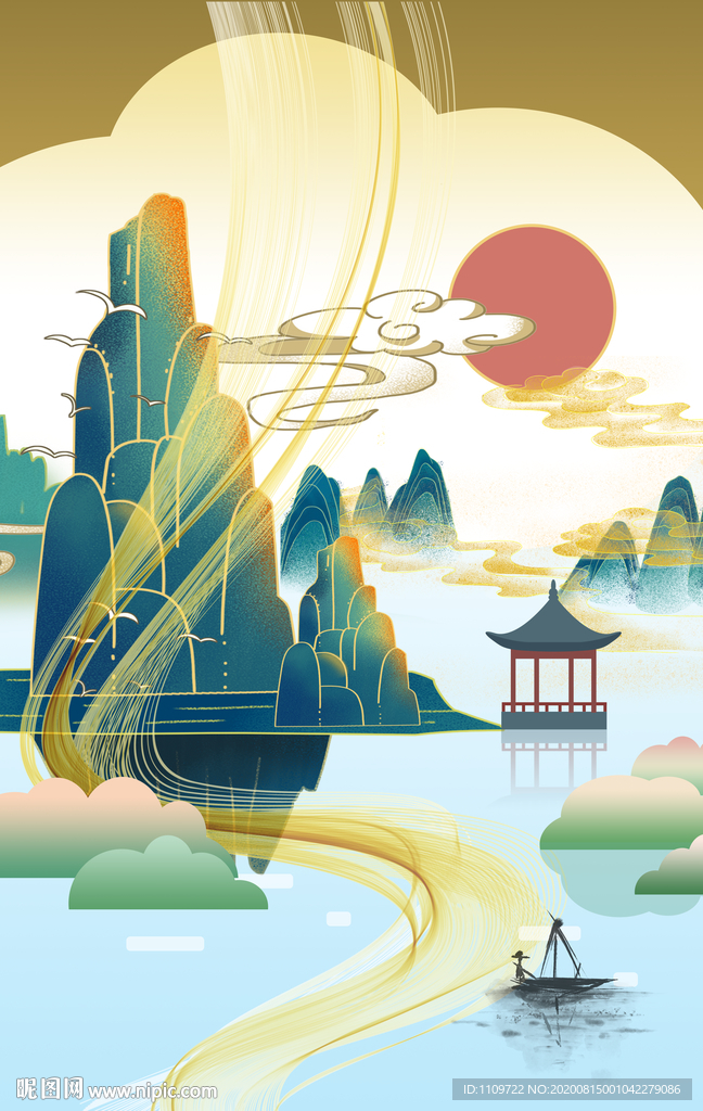 新中式中国风简约山水插画背景