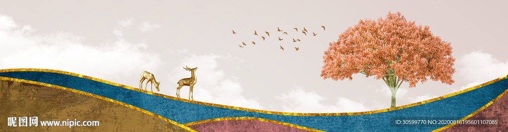 抽象山水飞鸟麋鹿床头画