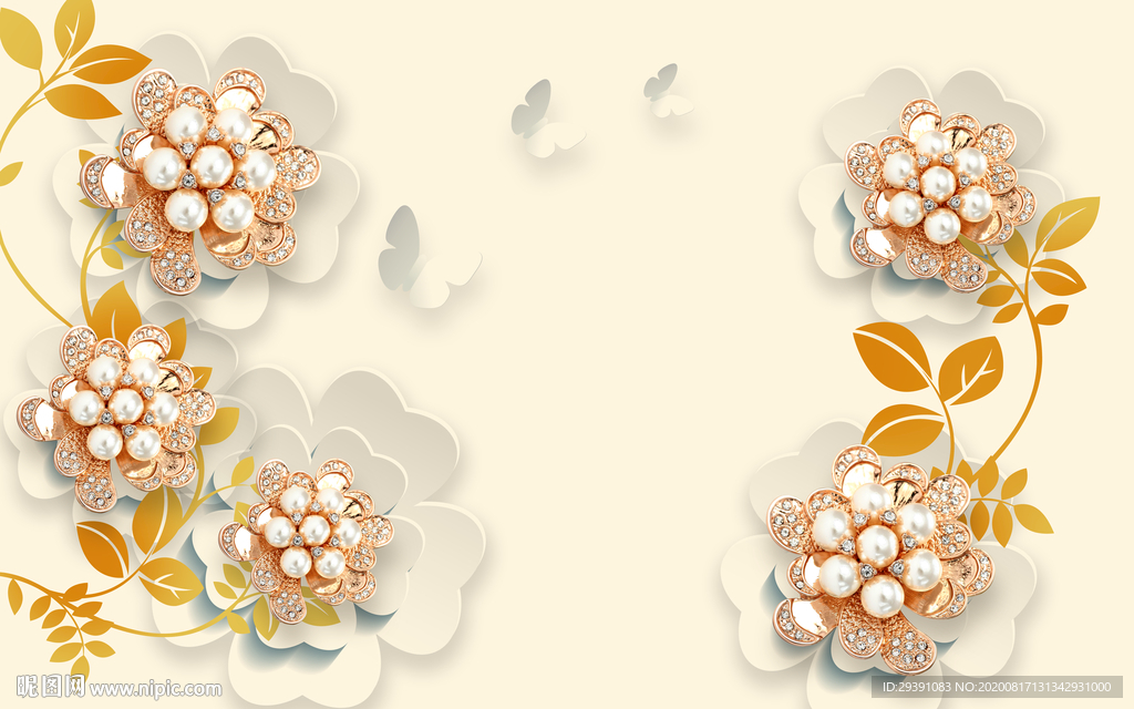 珍珠立体花朵3D壁画电视背图片