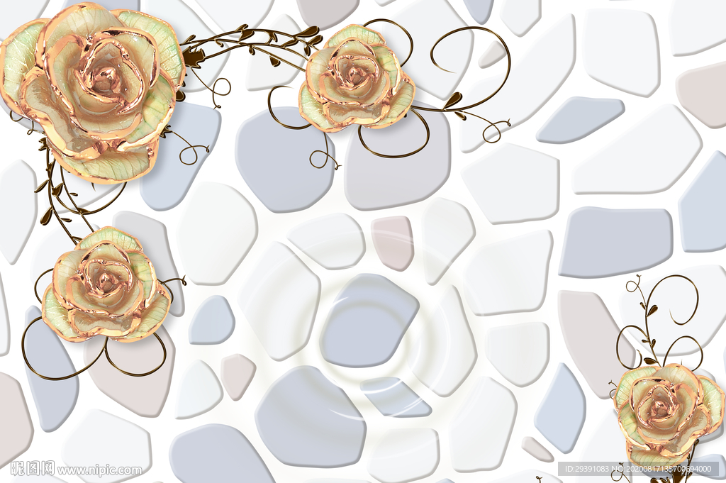 彩雕玫瑰花开富贵鹅卵石电视背景