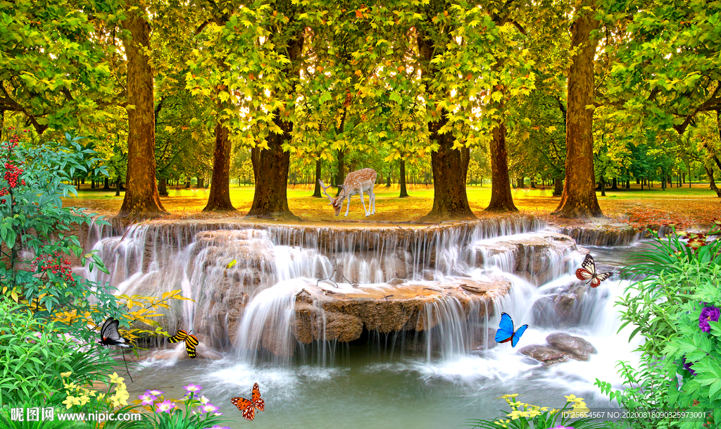 山水美景自然风光流水生财背景墙