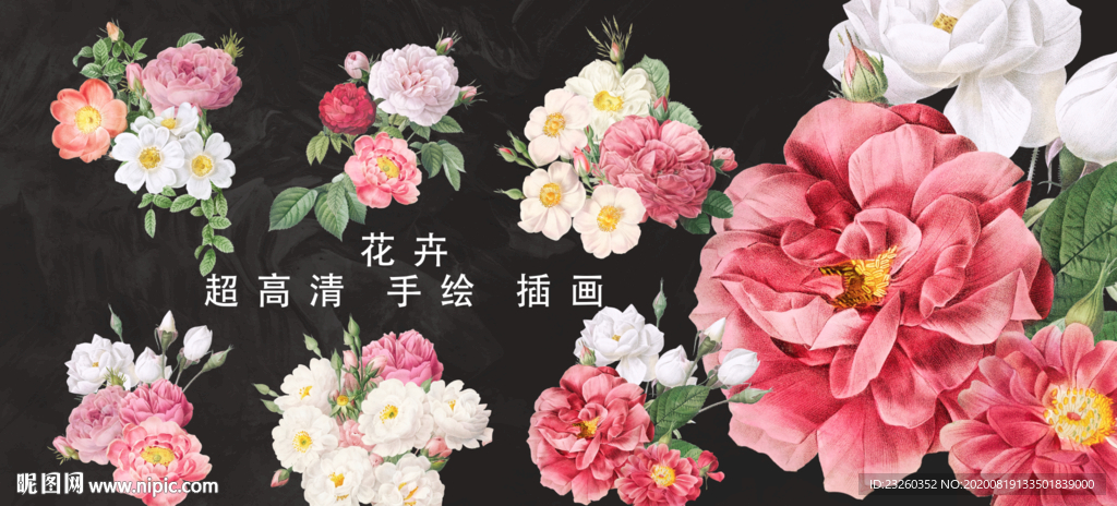 超高清分层手绘逼真牡丹七彩玫瑰