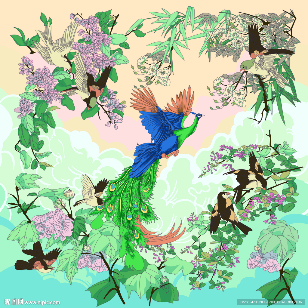 凤凰 手绘花 适量 方巾