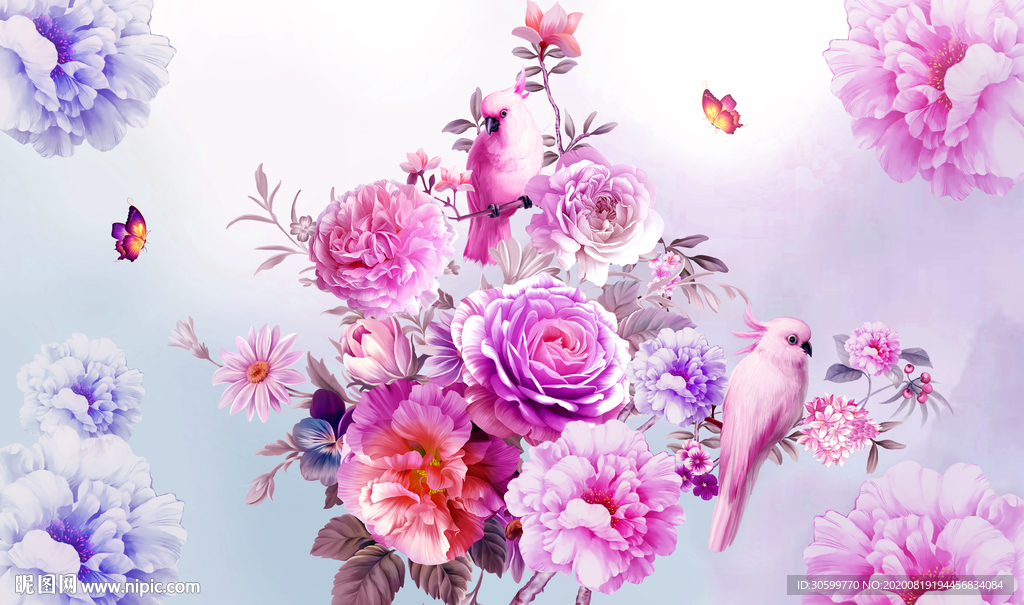 复古玫瑰花鹦鹉背景装饰画