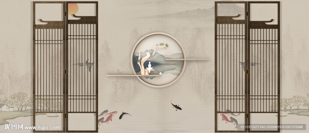 中式背景墙 客厅室内设计摄影墙