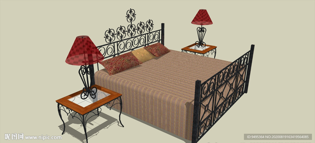 草图大师模型铁艺双人床加几