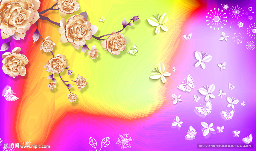 彩雕花卉简约蝴蝶电视背景墙