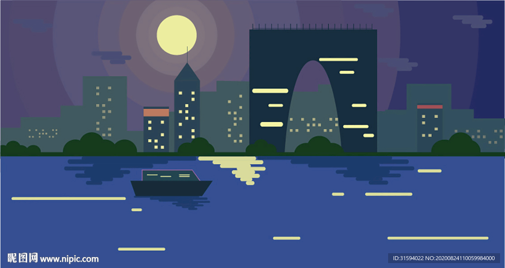 AI夜晚海边风景插画