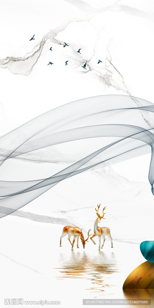 麋鹿玄关中式挂画 TIF分层