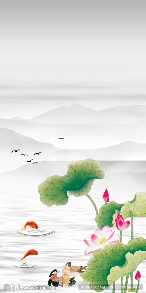 荷花玄关中式挂画 TIF分层