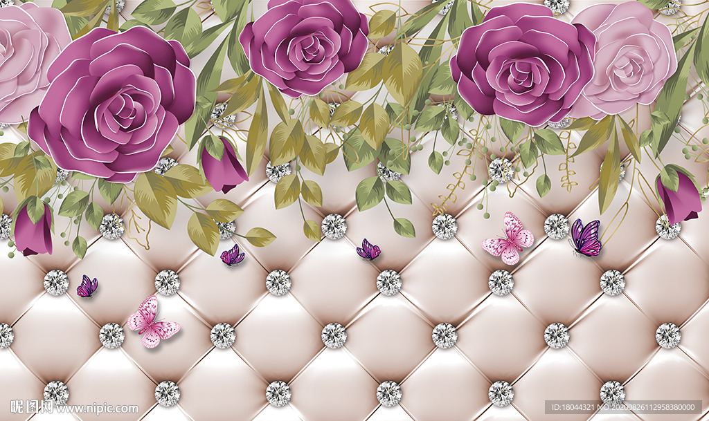 欧式软包紫色玫瑰花电视背景墙