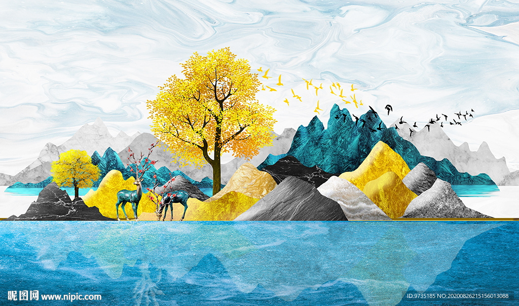 抽象山水大树风景 壁画背景墙